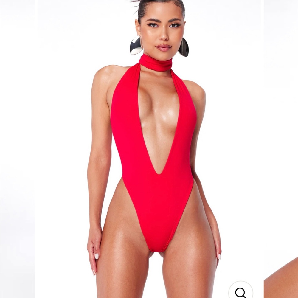 Red Halter Plunge Swimsuit by Lips and Honey